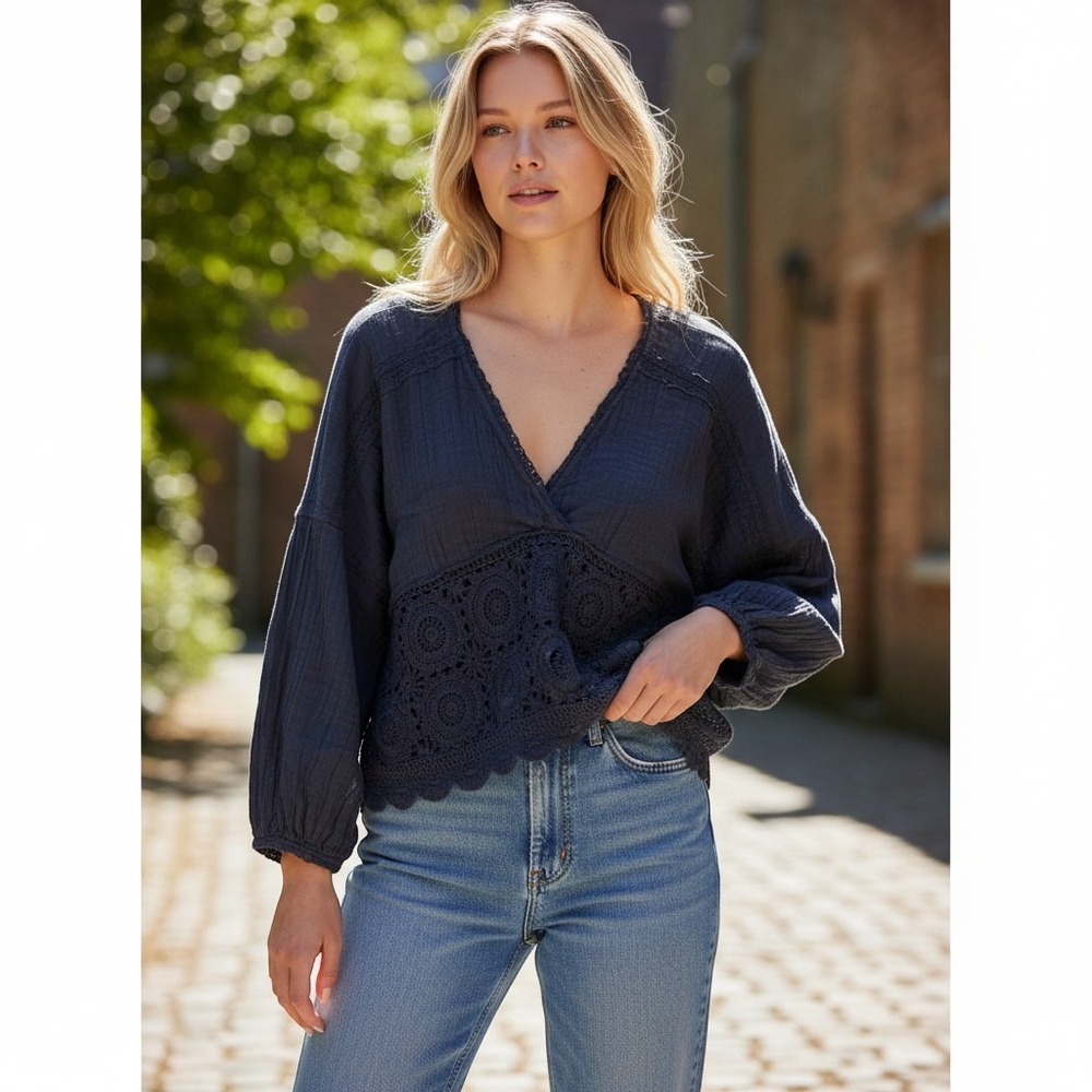 Lucky Brand Women XXL Black Cotton Gauze Crochet Lace V-Neck Blouse Top